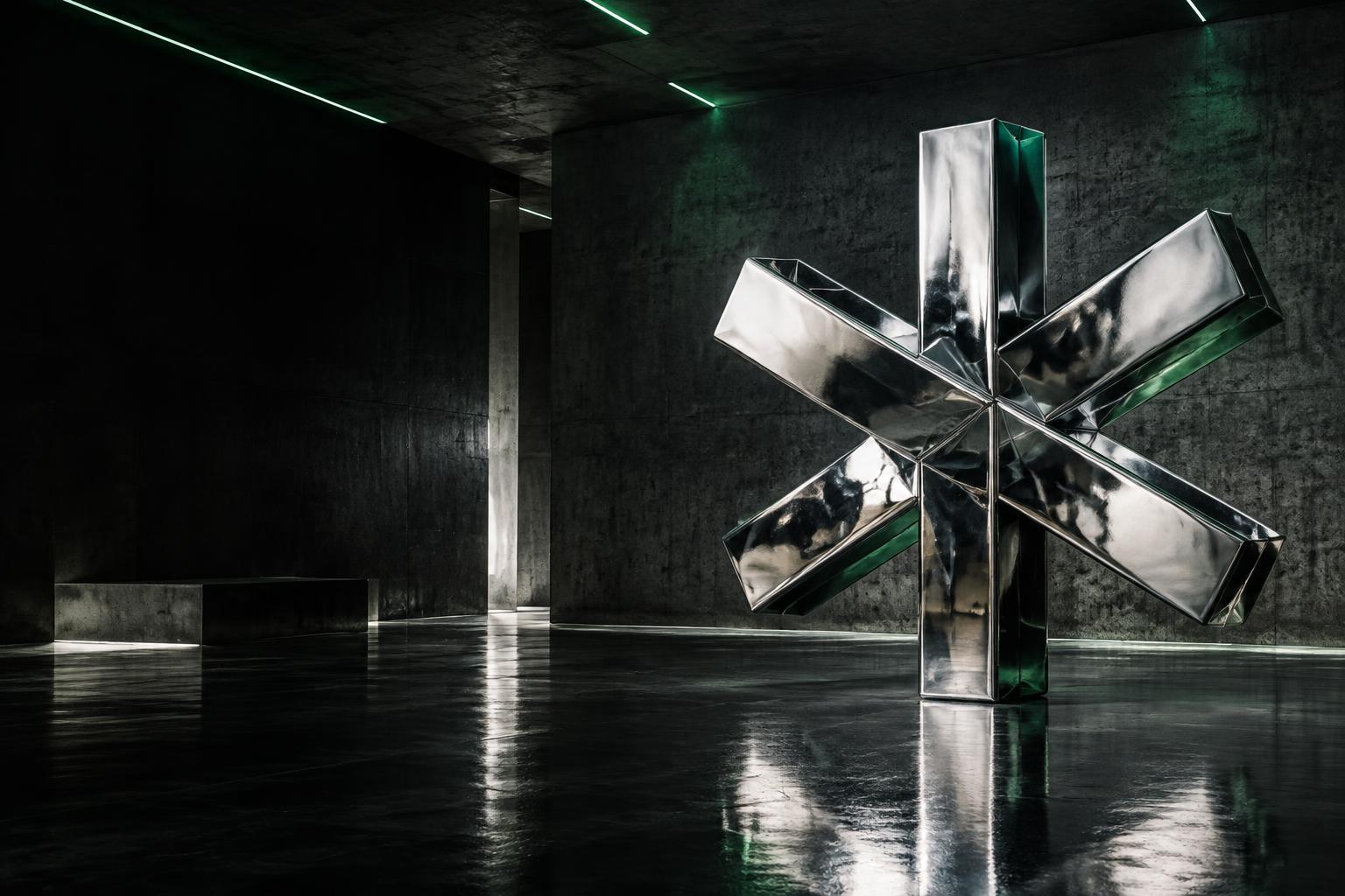 Cinematische Studioszene mit metallischer Skulptur
